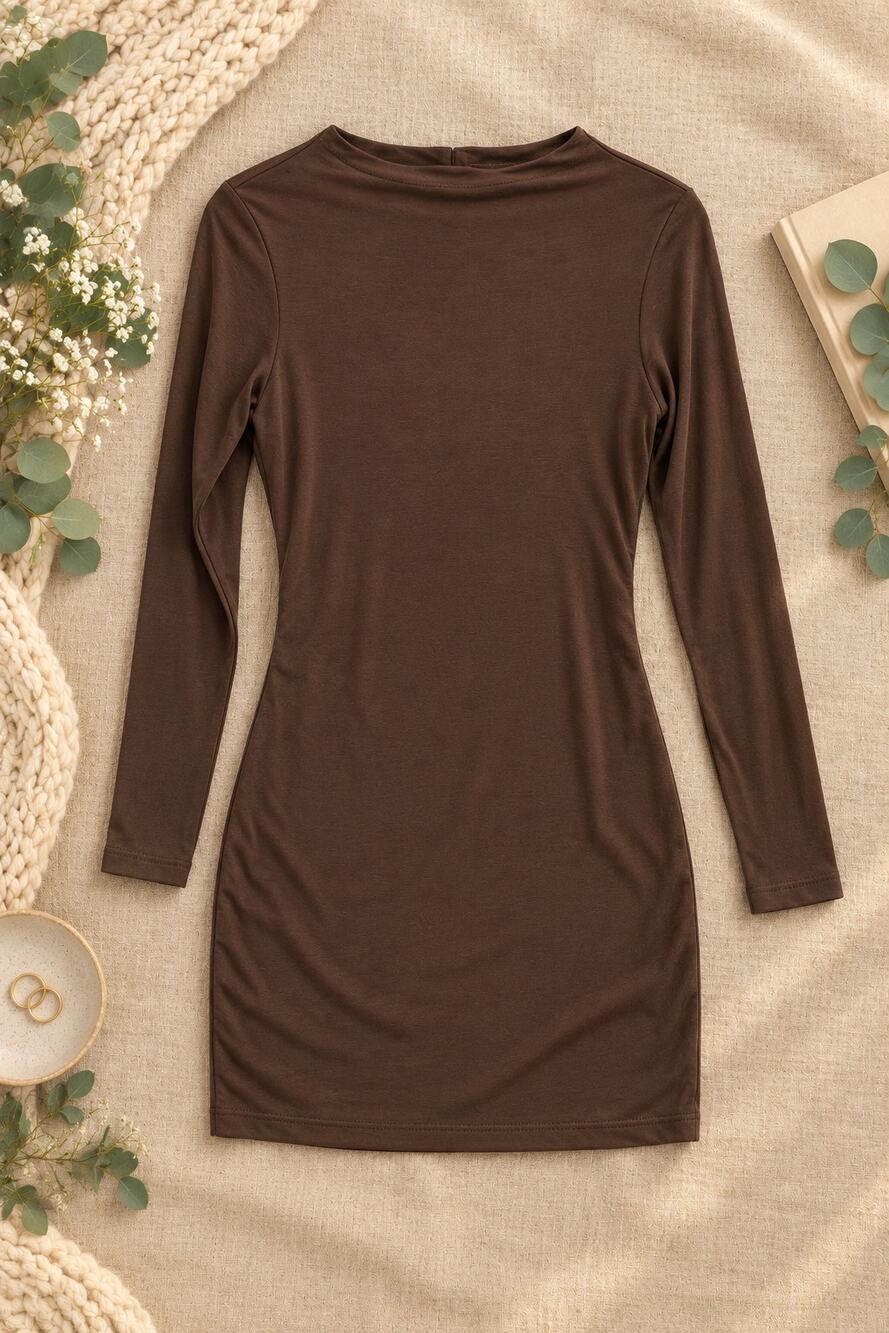NWT Naked Wardrobe NW Sculpt Mini Dress Chocolate Brown Long Sleeve Size L